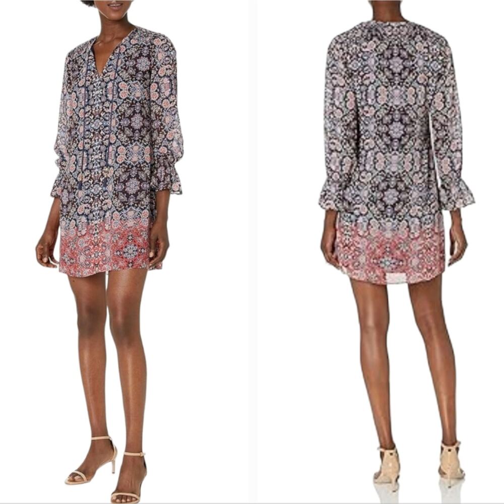 Vince Camuto Printed Chiffon Float Dress with Smocked Yoke and Tassels Size Smal